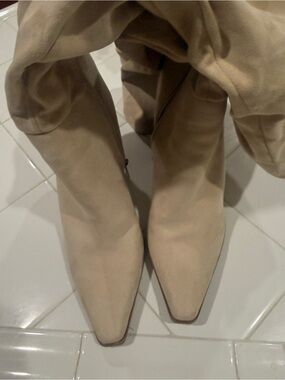 Beige Pointed-Toe Knee-High Heeled Boots